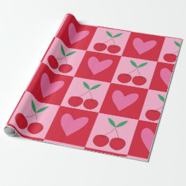 Papel De Presente Cerejas Xadrez com Padrão de Corações Rosas