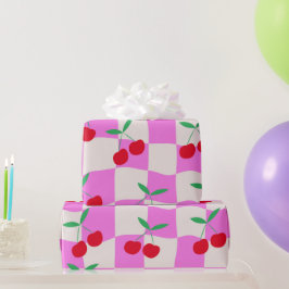 Papel De Presente Cerejas Xadrez em Tabuleiros Xadrez Cor-de-Rosa Di