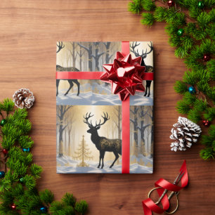 Papel De Presente Cervo Dourado na Floresta de Luz de Inverno
