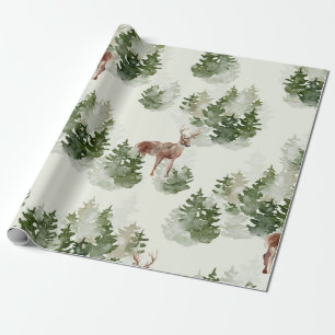 Papel De Presente Cervo em aquarela e floresta de pinheiros enevoada