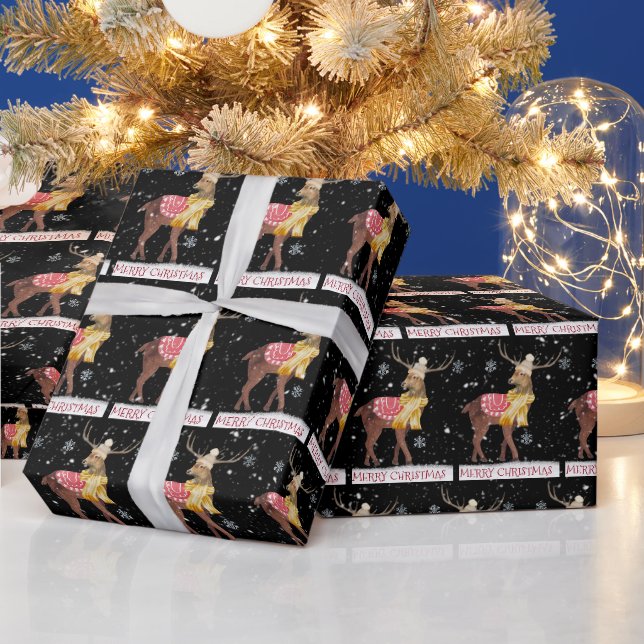 Papel De Presente Cervo Feliz Natal em Flocos de Neve   (Feriados)