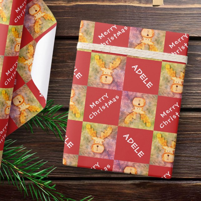 Papel De Presente Cervo Rena Nome Crianças Feliz Natal Feriado   (Criador carregado)