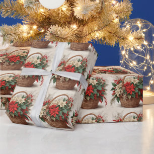 Papel De Presente Cesta de Natal com Flor de Poinsettia Branca e Ver