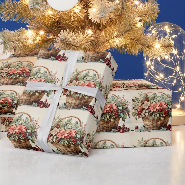 Papel De Presente Cesta de Natal com Flores de Poinsettia, Berries (Feriados)