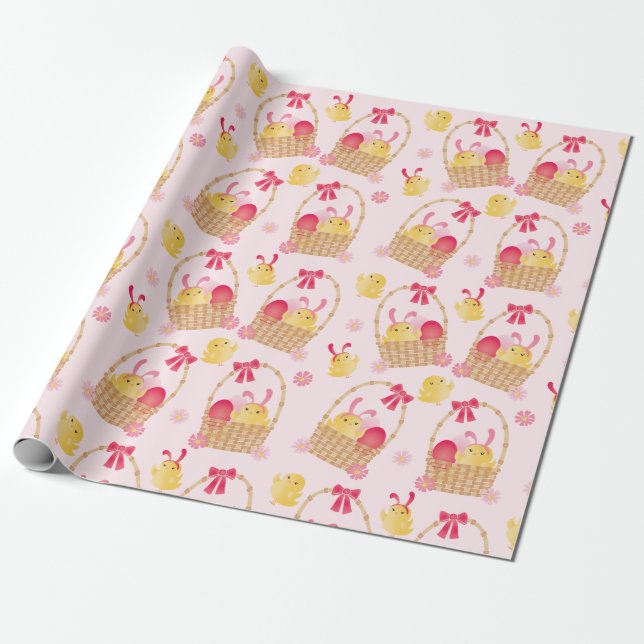 Papel De Presente Cesta de Páscoa Feminina com Pintinhos Rosa (Desenrolado)