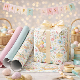Papel De Presente Cesta de Páscoa & Padrão Floral de Primavera