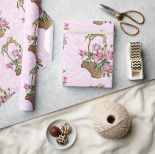 Papel De Presente Cesta de Rosas Vintage Elegante em Damasco Rosa