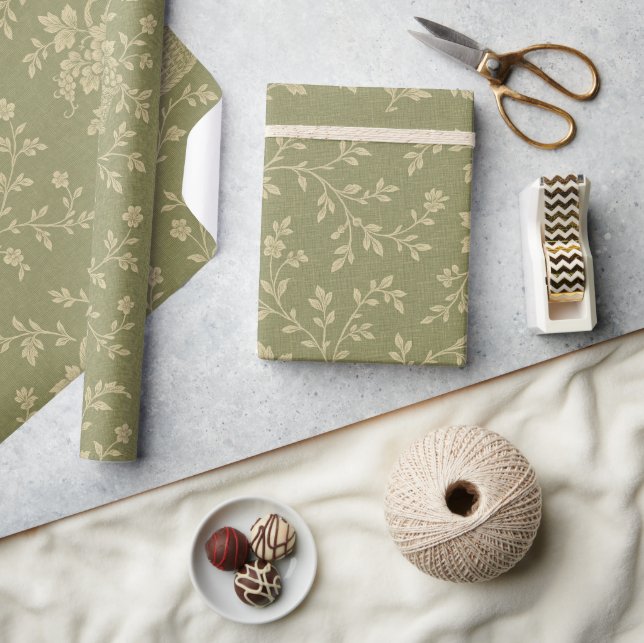 Papel De Presente Cestas de Frutas em Toile Francesa Verde e Creme (Artesanato)