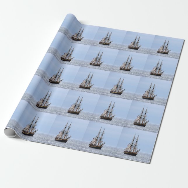 Papel De Presente Céu Azul de Barcos de Pesca Náuticos (Desenrolado)