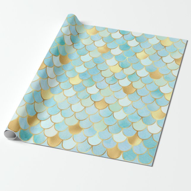 Papel De Presente Céu azul e ouro Escalas de sereia (Desenrolado)
