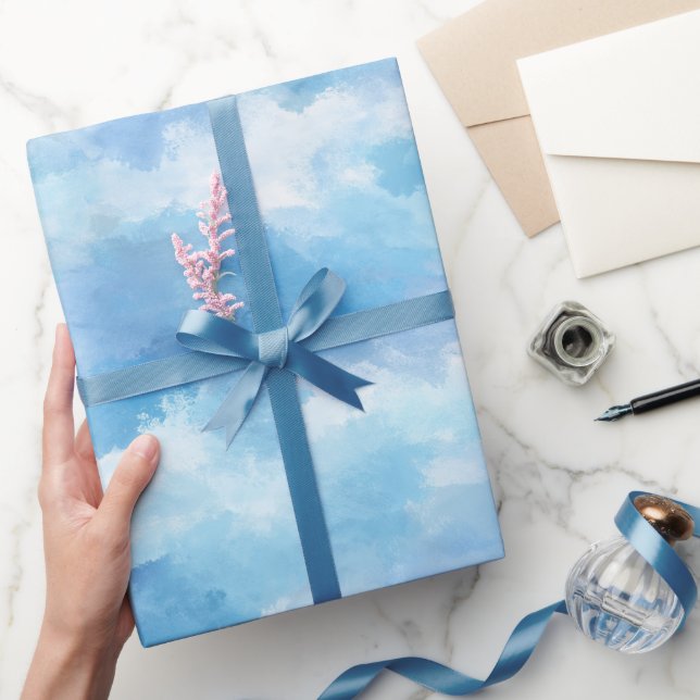 Papel De Presente Céu de Névoa Azul com Padrão Abstrato em Aquarela  (Presentear)