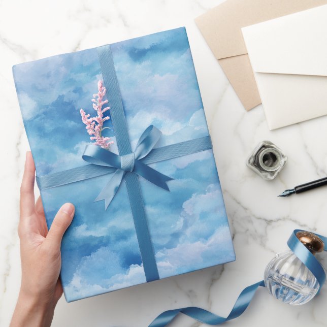 Papel De Presente Céu de Névoa Azul com Padrão Abstrato em Aquarela  (Presentear)