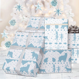 Papel De Presente Céu Nórdico Azul Animais de inverno Branco