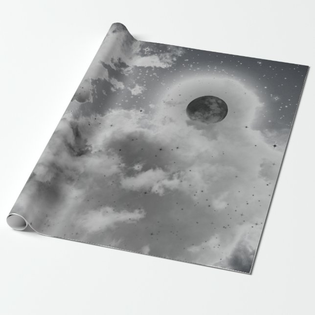 PAPEL DE PRESENTE CÉU NOTURNO EM PRETO E BRANCO (Desenrolado)