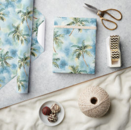 Papel De Presente Céus Azuis Ilhas Tropicais Palmeiras Aniversário