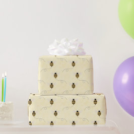Papel De Presente Chá de Bebê Abelhas Preto Amarelo Dourado
