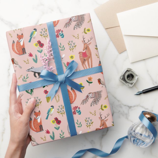 Papel De Presente Chá de Bebê Animais Florestais Fofos Rosa (Presentear)