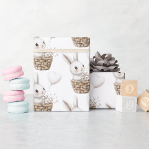 Papel De Presente Chá de Bebê Coelho Branco Corações em uma Cesta
