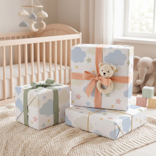 Papel De Presente Chá de Bebê de Nuvens Pastéis e Estrelas