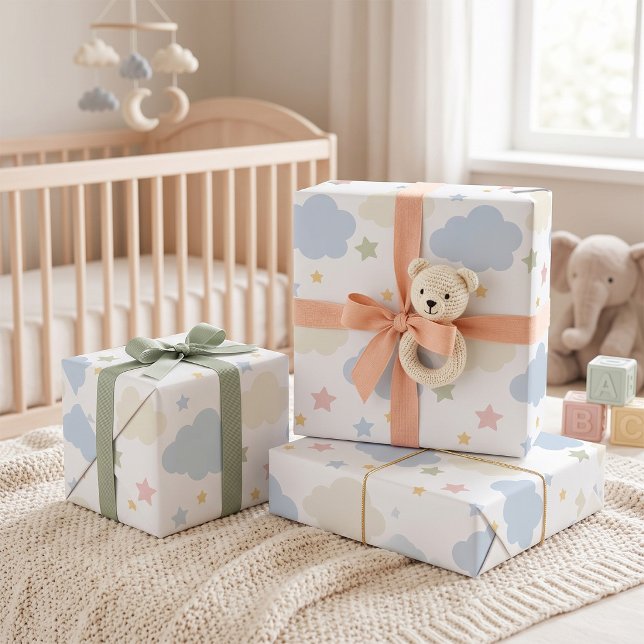 Papel De Presente Chá de Bebê de Nuvens Pastéis e Estrelas (Criador carregado)