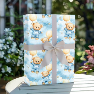 Papel De Presente Chá de Bebê Menino Urso de Pelúcia Azul Fofo