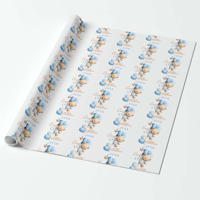 Papel De Presente Chá de Bebê Menino Urso de Pelúcia Personalizado (Desenrolado)