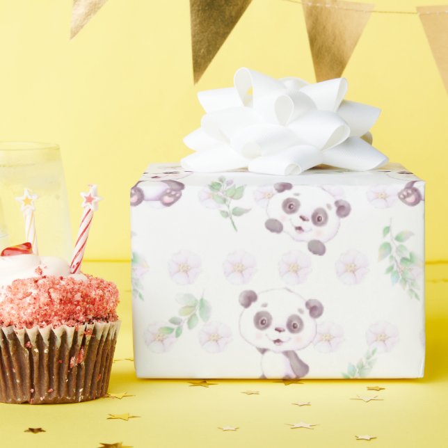 Papel De Presente Chá de Bebê Panda Fofinho Flores Balões (Festa de aniversário)