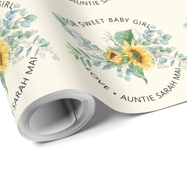 Papel De Presente Chá de Bebê Personalizado de Girassol Eucalipto (Ponta do rolo)