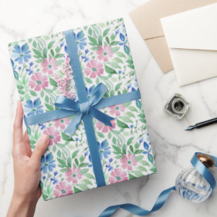 Papel De Presente Chá de Bebê Rosa Azul Floral Aquarela 