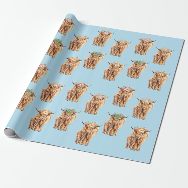 Papel De Presente Chá de Bebê Vaca das Terras Altas e Bezerro Aquare (Desenrolado)