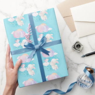 Papel De Presente Chá de Bebê Vintage Coelho Rosa Pássaro e Balões