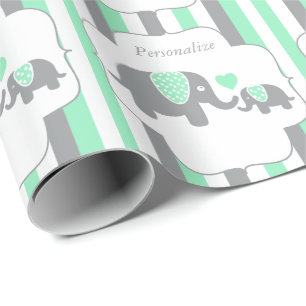 Papel De Presente Chá de fraldas branco, verde & cinzento dos