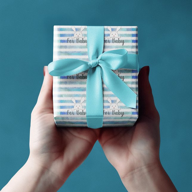 Papel De Presente Chá de fraldas Coelho Branco Rabbit Azul Stripe (Criador carregado)