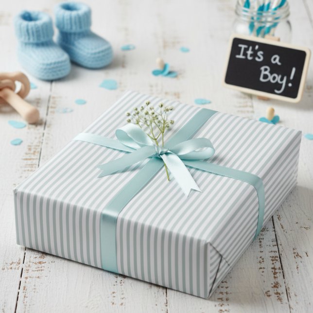 Papel De Presente Chá de fraldas com faixa verde da casa (Cute Mint Blue and White Striped Wrapping Paper for Baby Boy Shower. Pinstripe Thin Lines Pattern)