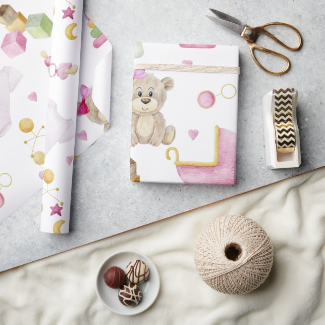 Papel De Presente Chá de fraldas de Aquarela Rosa-Rosa Bear Bear Bab (Artesanato)
