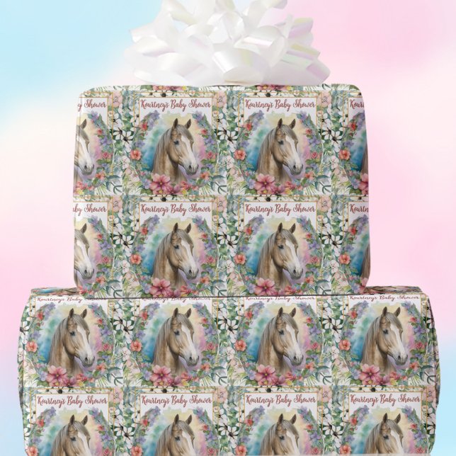 Papel De Presente Chá de fraldas de Cavalo Floral de Aquarela (Baby shower horse watercolor floral wrapping paper with name!)