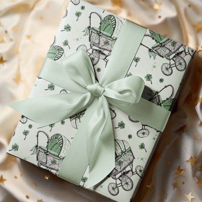 Papel De Presente Chá de fraldas de Dia de São Patrício de bebê irla (Elegant Irish / St Patrick's Day Baby Shower Design. Irish Vintage Baby Carriage & Green Shamrocks.)