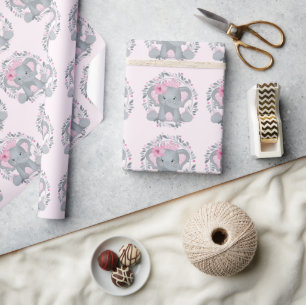Papel De Presente Chá de fraldas de Elefante Floral Rosa Selvagem Sa