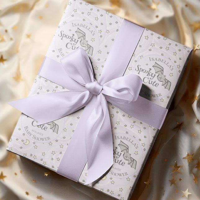 Papel De Presente Chá de fraldas de outubro bonito e giro, púrpura, (Spooky Cute Fall Baby Shower Custom Wrapping Paper. Hand-Drawn Baby Bat, Moons & Stars in Purple)