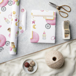 Papel De Presente Chá de fraldas de Tema Aquarela da Menina Rosa