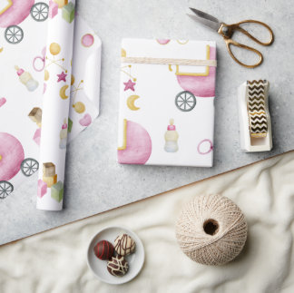 Papel De Presente Chá de fraldas de Tema Aquarela da Menina Rosa