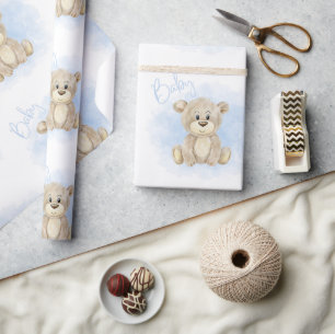 Papel De Presente Chá de fraldas de Urso do Bebê Azul