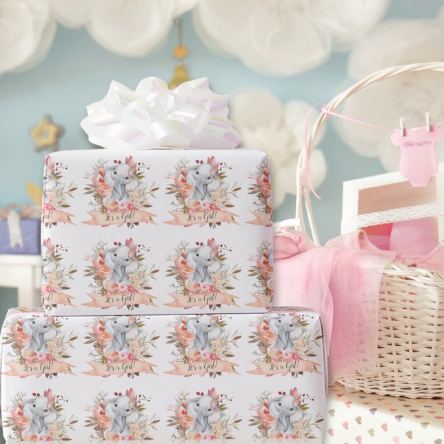 Papel De Presente Chá de fraldas Elefante Boho Chic Coral Watercolor (Criador carregado)