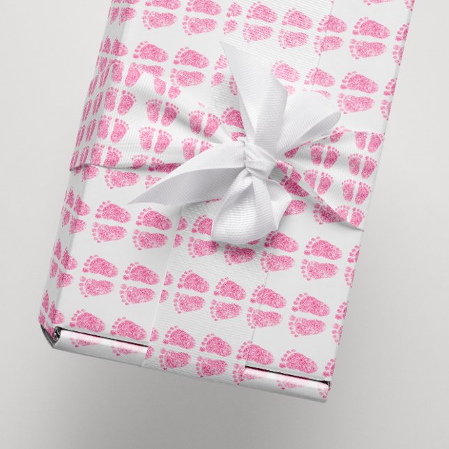 Papel De Presente Chá de fraldas Glitter Girl Rosa Rosa White Feed (Baby Shower Glitter Girl Pink Rose White Feet Wrapping Paper)