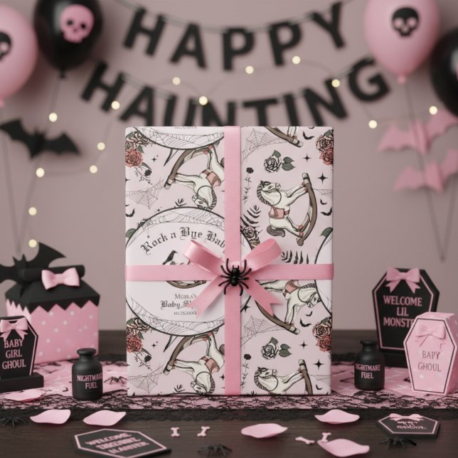 Papel De Presente Chá de fraldas Gótico-rosa-vitoriano-rochoso-silve (Cute Gothic Baby Shower Wrapping Paper in Blush Pink. Rock A Bye Baby Spooky Vintage Rocking Horse.)