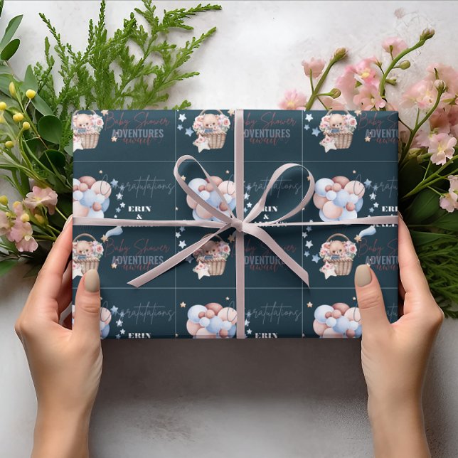Papel De Presente Chá de fraldas Personalizado de Urso Azul e Balão (Criador carregado)