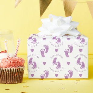 Papel De Presente Chá de fraldas Personalizado Pés-Bebê Roxo Glitter
