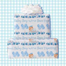 Papel De Presente Chá de fraldas Personalizado Texto Menino Azul Bal