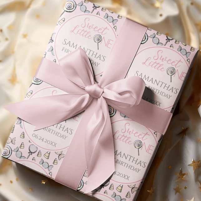 Papel De Presente Chá de fraldas Rosa Docinho Doce Pequeno (Cute Pink Candy Pattern Birthday Gift Wrap for Baby Girl First 1st Birthday Party.)