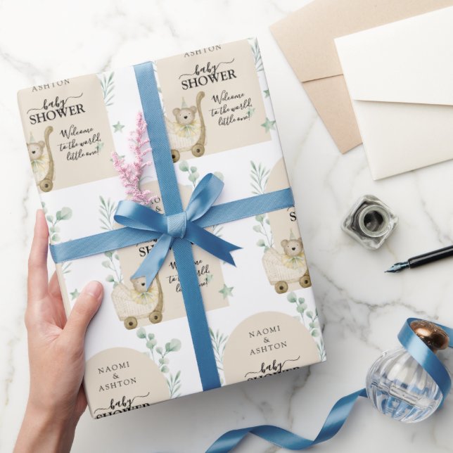 Papel De Presente Chá de fraldas Verde Ilustrado Personalizado (Presentear)